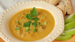 Enjoy this savory sausage pumpkin soup. Pumpkin has no cholesterol, it's low in fat and sodium and it's rich in nutrients such as beta carotene and vitamin A.