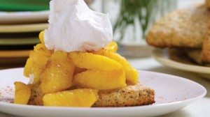 These delightful rustic shortcakes have a great texture — tender, crumbly and slightly crunchy — a fitting companion and compliment to sweet, juicy peaches.