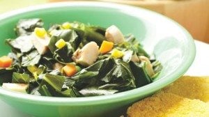 This recipe can be prepared as a side dish, or add a little meat and it becomes a main course. Take care not to overcook the greens so that they come off the stove with some texture and color.