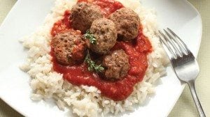 Based on fresh lamb sausage mixture called 'merguez' that is popular in Europe and North Africa, these meatballs feature the warm kick of harissa, an easy seasoning to find in herb and spice shops. It's worth adding and specific, but as a substitution, add a little extra cayenne pepper to taste.
Recipe for Tomato Dipping Sauce