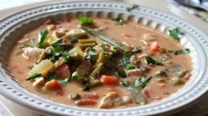 Fresh spring vegetables and chicken give this creamy soup a great flavor.