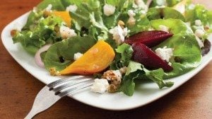 Delicious and sweet, roasted beets and creamy, tangy goat cheese buddy up in this simple yet satisfying salad. The salty pistachios add a nice crunch and burst of flavor.