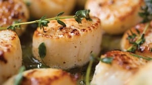 This simple and quick recipe is seriously worth the decadence provided by a bathing of butter. Be sure to ask your fishmonger for “dry scallops” – ones that are not injected with water solutions to plump them. Dry scallops brown better in the pan.