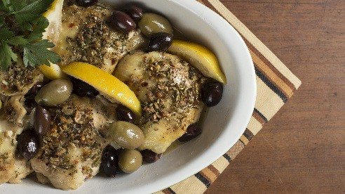 Delightfully salty and lemony, this dish uses dark meat from the chicken, which is best suited for braises. Be sure to use bone-in thighs for outstanding flavor.