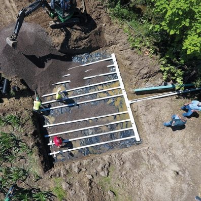 An edge of field phosphorus removal bed is installed in 2017 at Kurt Farms, a Blanchard River Demonstration Farm in the Maumee River watershed. 